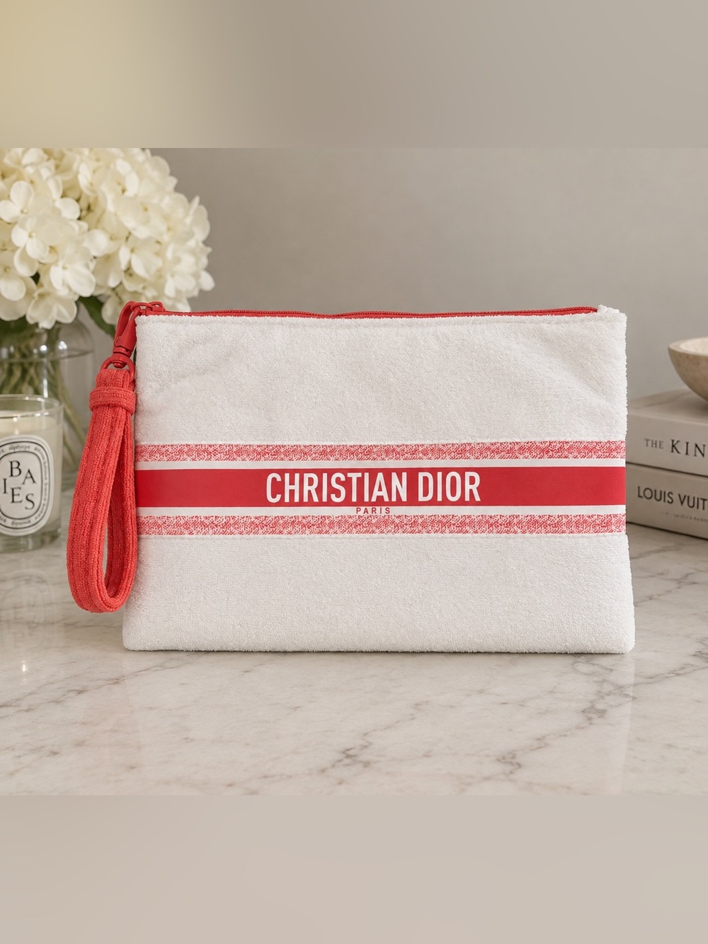 Christian Dior Beauty Terrycloth Makeup Bag / Wristlet – Coral & White GWP